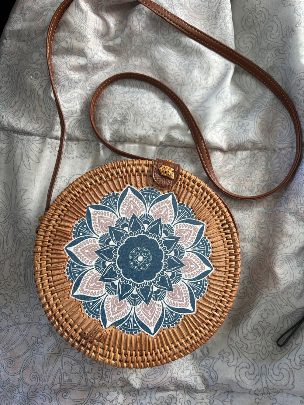 Woven Round Crossbody Bag with Blue Floral Mandala